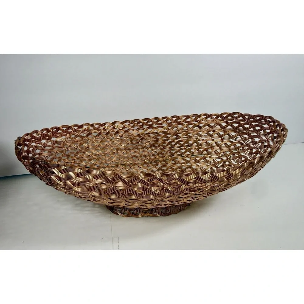 Vintage Woven Copper Wire Baskets Set of 2 Oval Footed Decorative Fruit Bowls